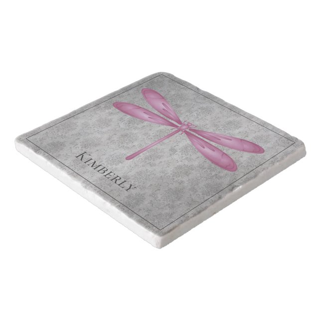 Magenta Dragonfly Damask Trivet (Corner)