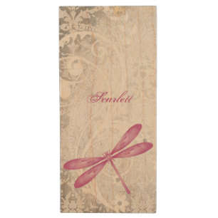 Magenta Dragonfly Personalize Wood Flash Drive