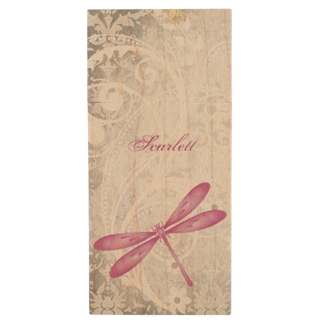 Magenta Dragonfly Personalize Wood Flash Drive (Front Vertical)