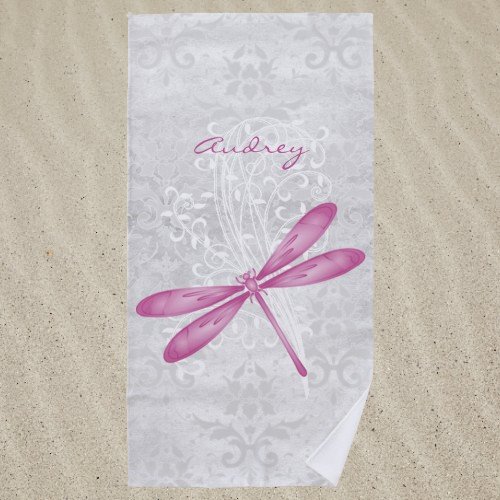 Magenta Dragonfly Personalized Beach Towel