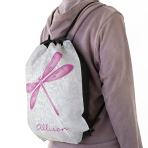 Magenta Dragonfly Personalized Drawstring Bag