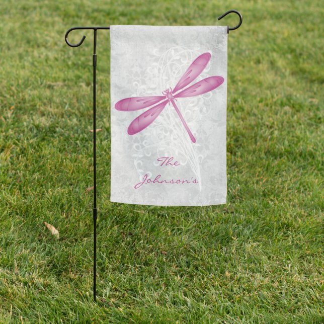 Magenta Dragonfly Personalized Garden Flag (In SItu)