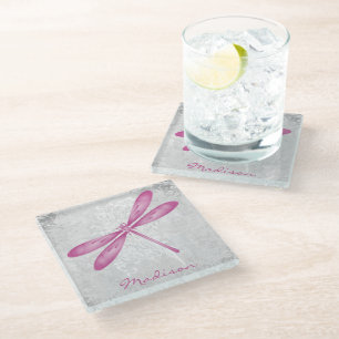 Magenta Dragonfly Personalized Glass Coaster