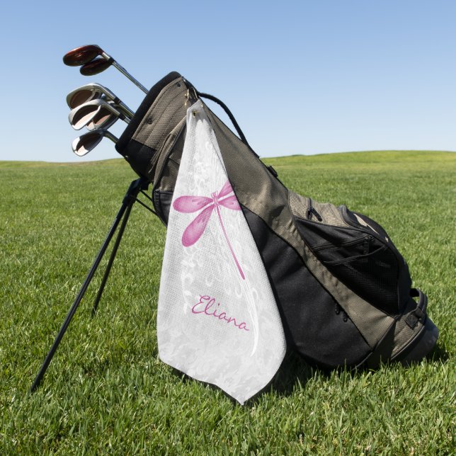 Magenta Dragonfly Personalized Golf Towel (Green)