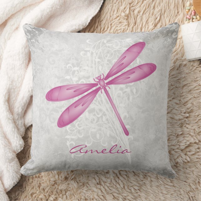 Magenta Dragonfly Personalized Throw Pillow (Blanket)
