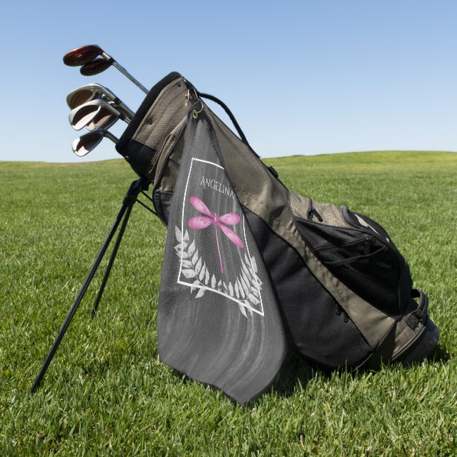 Magenta Dragonfly Rustic Golf Towel (Green)