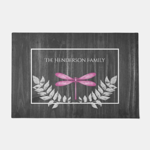 Magenta Dragonfly Rustic Personalized Doormat