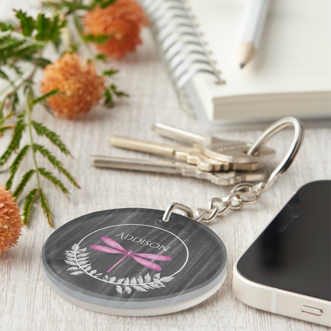 Magenta Dragonfly Rustic Personalized Keychain (Front Right)