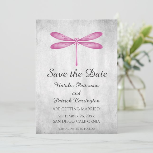 Magenta Dragonfly Save the Date Invite (Standing Front)