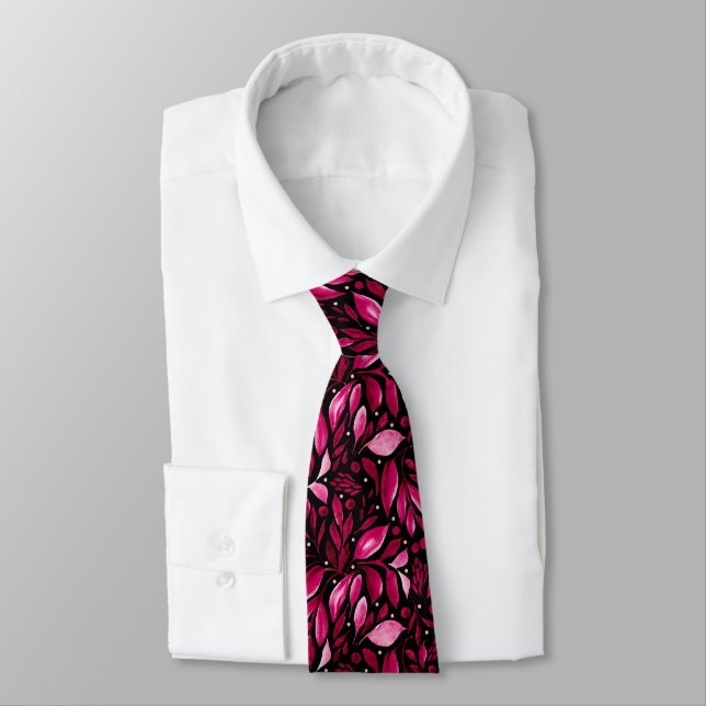Magenta Dream - Black & Burgundy Botanical Neck Tie (Tied)