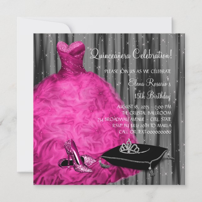 Magenta Dress High Heel Shoes Princess Quinceanera Invitation (Front)