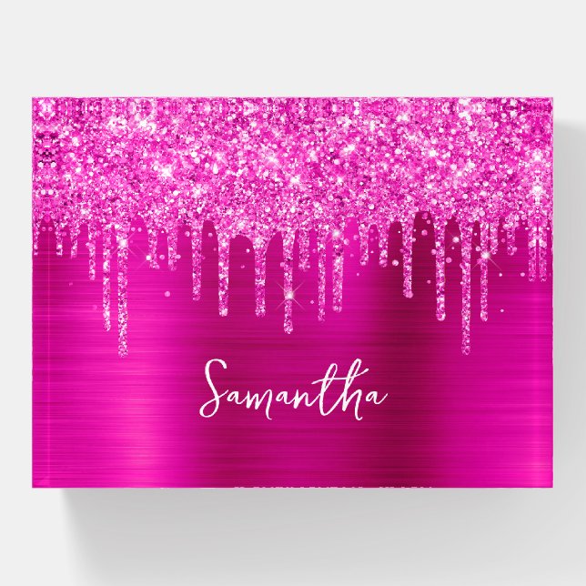 Magenta Dripping Glitter Glam Name Paperweight (Front)