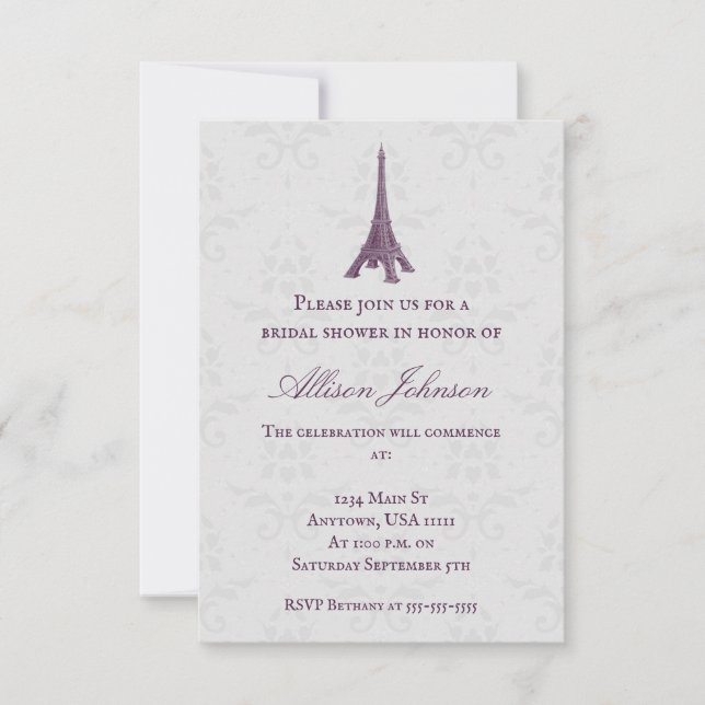 Magenta Eiffel Tower Damask Bridal Shower Invitation (Front)