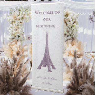 Magenta Eiffel Tower Damask Wedding Retractable Banner