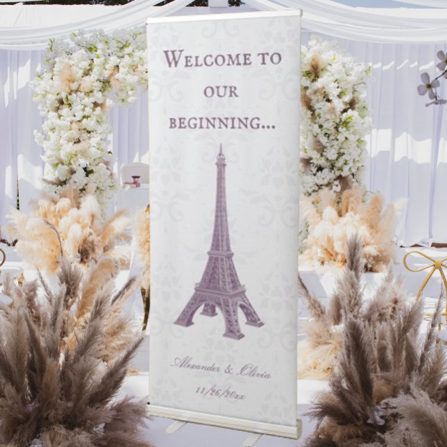 Magenta Eiffel Tower Damask Wedding Retractable Banner (Magenta Eiffel Tower Damask Wedding Welcome Banner)