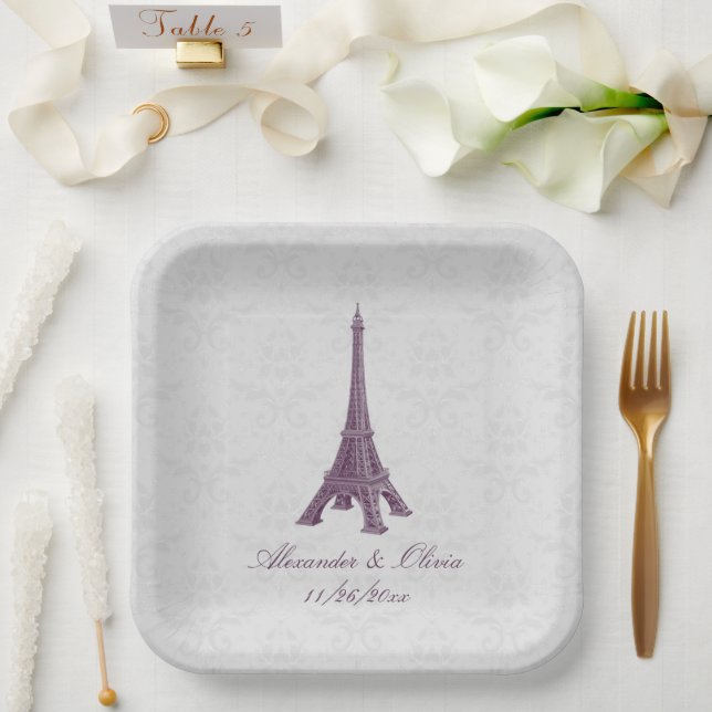 Magenta Eiffel Tower Damask Wedding Shower Paper Plates (Wedding)