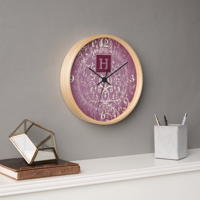 Magenta Elegant Flourish Monogram Clock (Office)