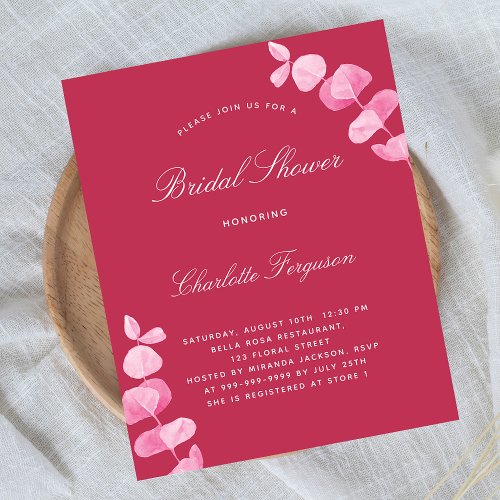 Magenta eucalyptus bridal shower budget invitation flyer