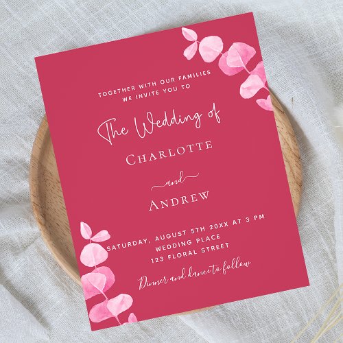 Magenta eucalyptus budget wedding invitation  flyer