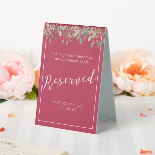  Magenta  Eucalyptus Reserved Table Tent Sign