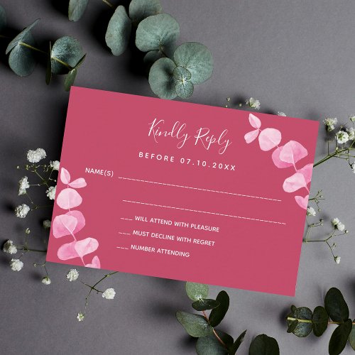 Magenta eucalyptus wedding response RSVP Note Card