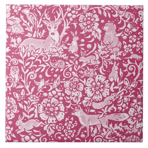 Magenta Fantasy Forest Animal Woodland Nature Ceramic Tile