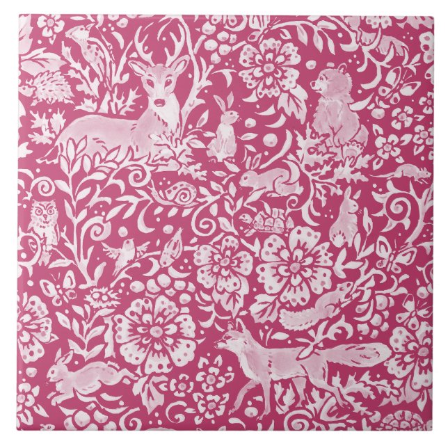 Magenta Fantasy Forest Animal Woodland Nature Ceramic Tile (Front)