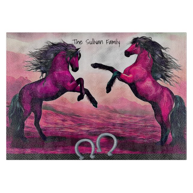 Magenta Fantasy Horses in Cartoon Dot  Cutting Board (Front)