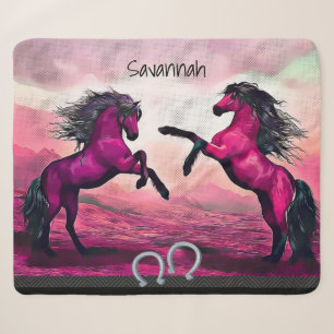 Magenta Fantasy Horses in Cartoon Dot Sherpa Blanket