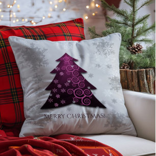 Magenta Festive Christmas Tree Throw Pillow