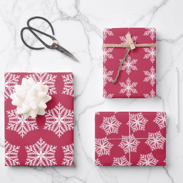  Magenta Festive Snowflakes Christmas Wrapping Paper Sheets (Front)