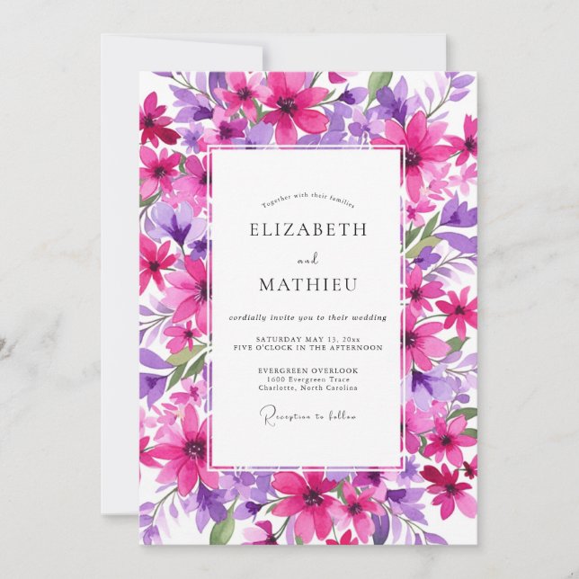 Magenta Floral Artistic Whimsy Wedding Invitation (Front)