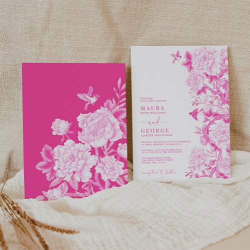 Magenta Floral Birds Chinoiserie Garden Wedding Invitation