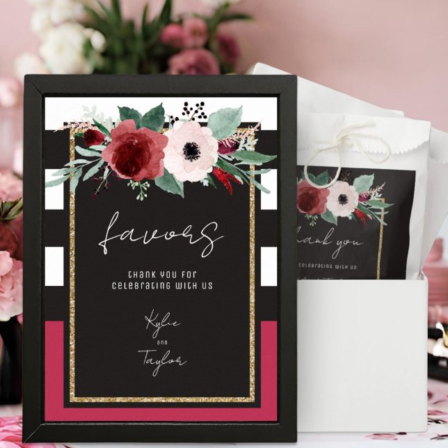 Magenta Floral Black White Stripe Wedding Favor Poster (Creator Uploaded)