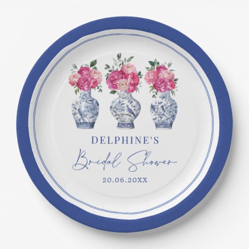 Magenta Floral Chinoiserie Porcelain Bridal Shower Paper Plates