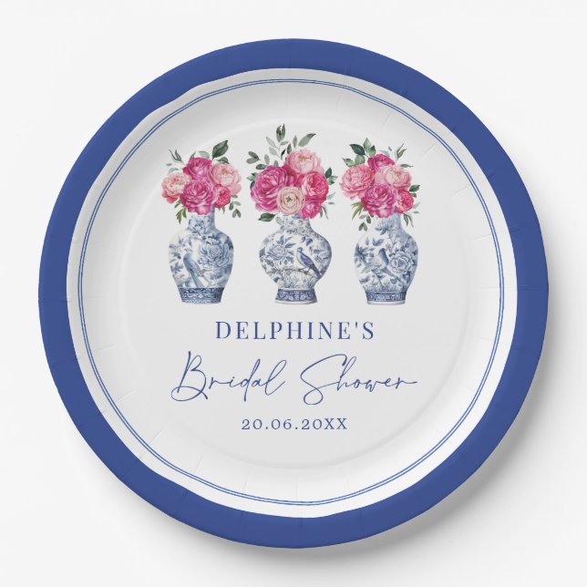 Magenta Floral Chinoiserie Porcelain Bridal Shower Paper Plates (Front)