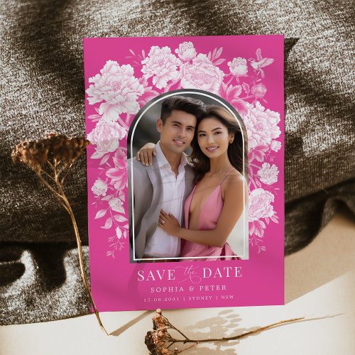 Magenta Floral Chinoiserie Wedding Save the Date Invitation
