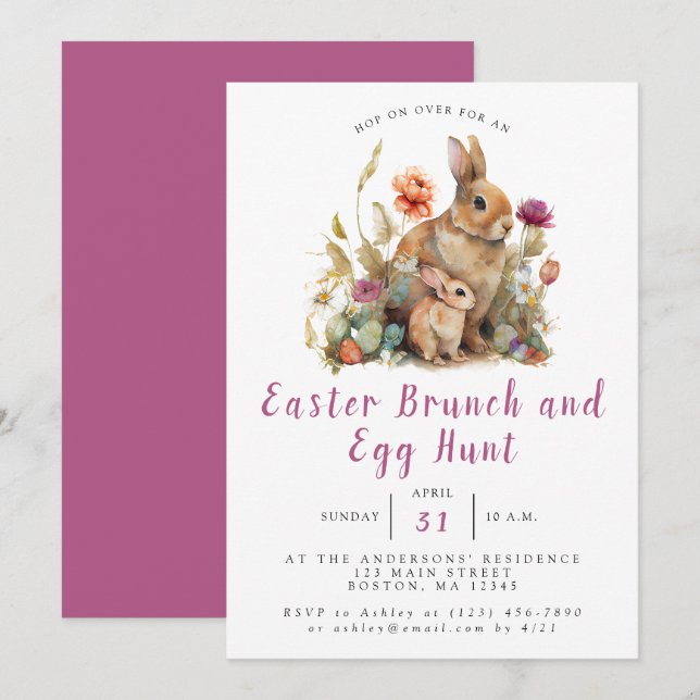 Magenta Floral Easter Brunch and Egg Hunt Invitation (Front/Back)