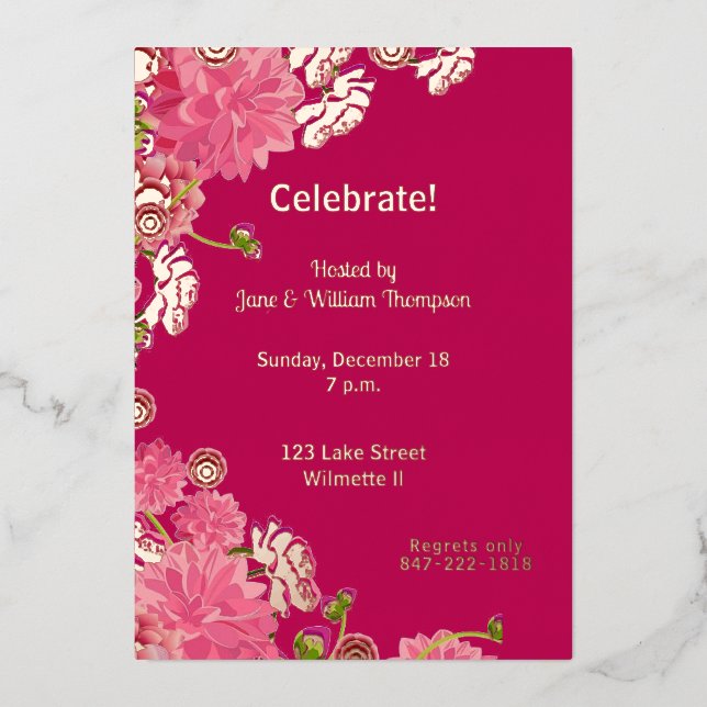 Magenta floral Gilded Foil Invitation (Front)