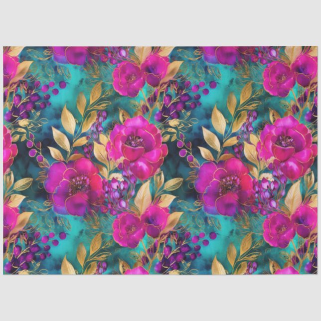 Magenta Floral Gold Leaves and Teal Botanical Tissue Paper (Front)