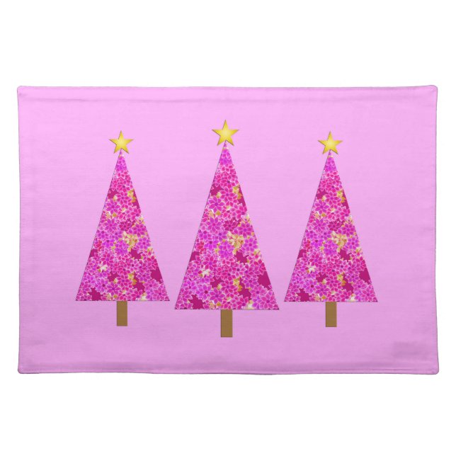 Magenta Floral Modern Christmas Tree Cloth Placemat (Front)