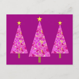 Magenta floral modern Christmas trees Holiday Postcard