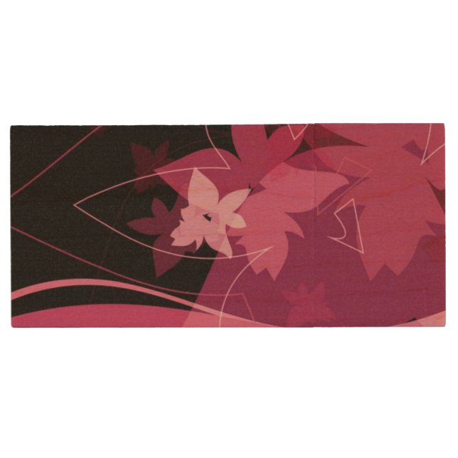 Magenta Floral Pattern Wood USB Flash Drive (Front)