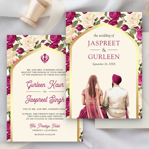 Magenta Floral Punjabi Anand Karaj Sikh Wedding Invitation