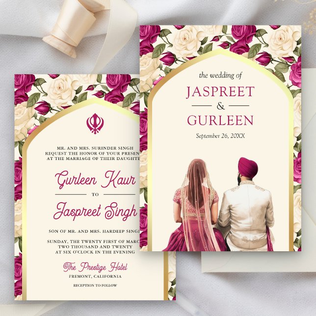 Magenta Floral Punjabi Anand Karaj Sikh Wedding Invitation (Creator Uploaded)