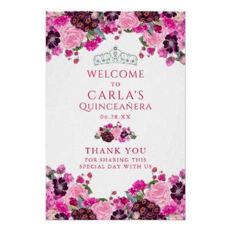 Magenta Floral Quinceanera Welcome Sign