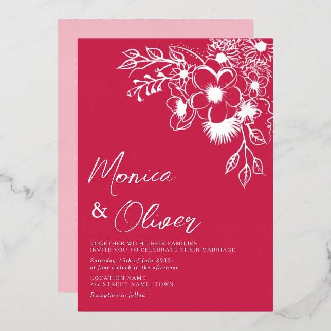 Magenta Floral Silver Foil Wedding Invite (Front/Back)