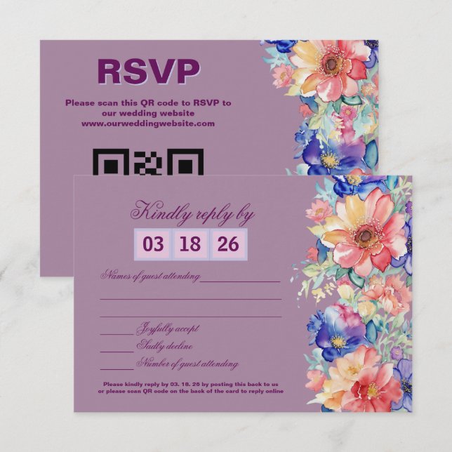 Magenta Floral Wedding RSVP Card (Front/Back)