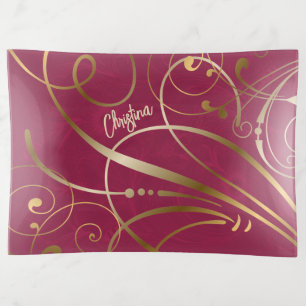 Magenta Florals Gold Swirls Flourishes with Name Trinket Tray