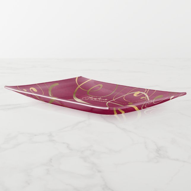 Magenta Florals Gold Swirls Flourishes with Name Trinket Tray (Angled)